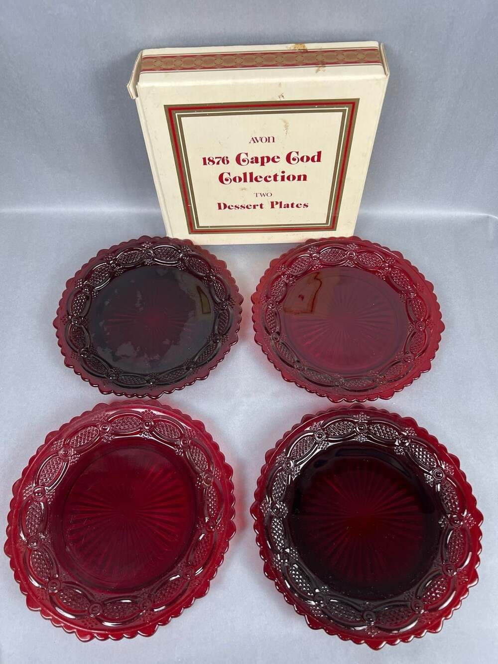 Avon 1876 Cape Cod Collection Ruby Red Glass Dessert Plates - Set of 4